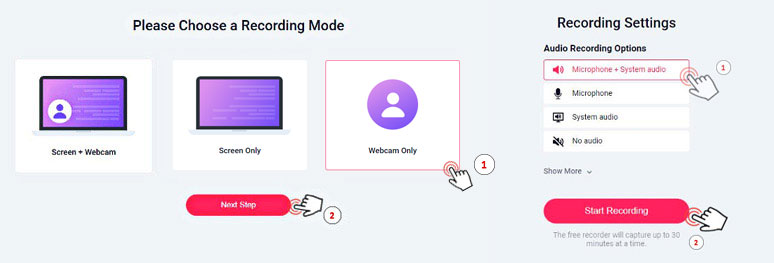 Select webcam to record a test video by RecordCast webcam recorder