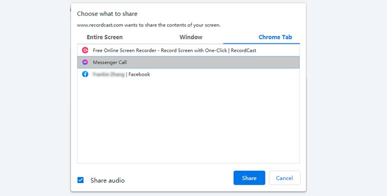 Select either a Chrome tab or app window to start recording