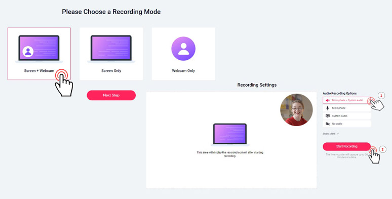 Set up the video and audio settings to record screen and webcam with audio